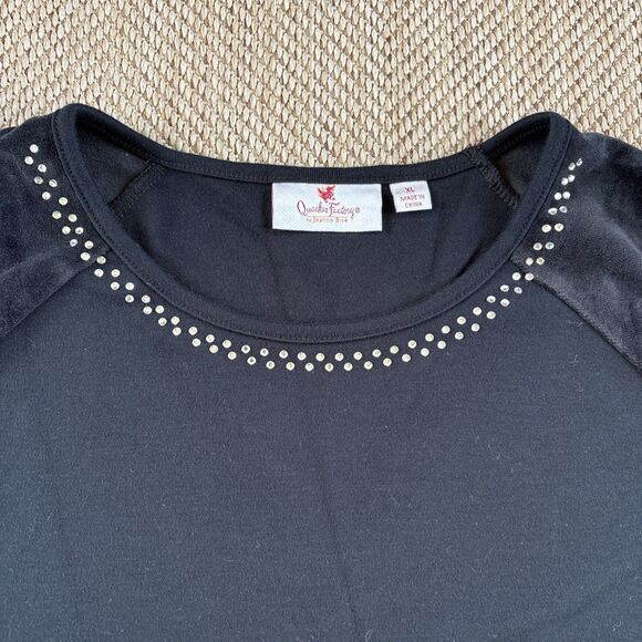 Women’s XL  Quacker Factory Long Sleeve Blouse Rhinestones Velvet Black - Picture 2 of 4